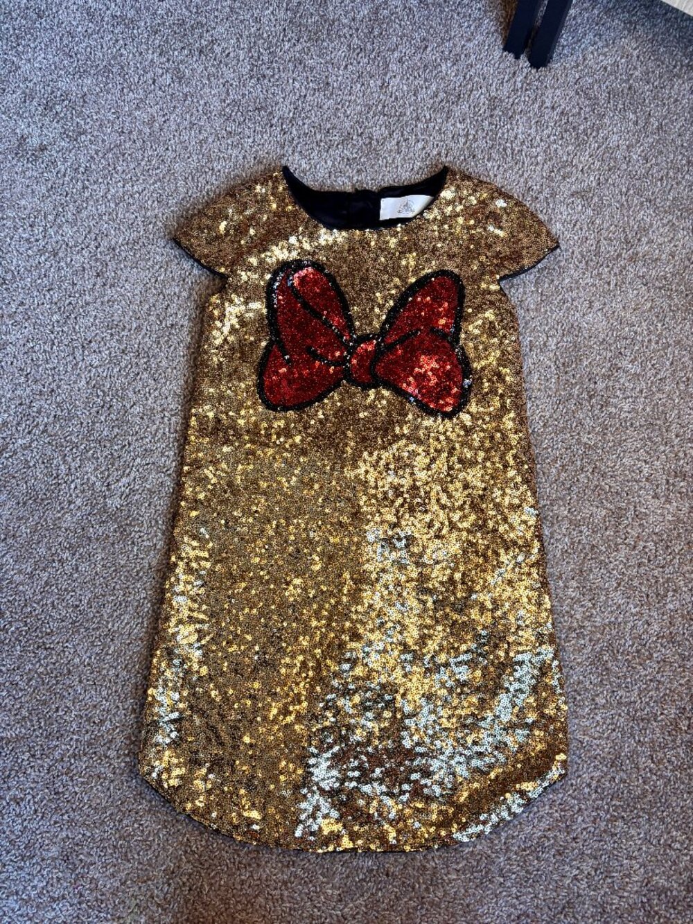 Disney Minnie Mouse Gold Sequin Bow Dress Size 5/6